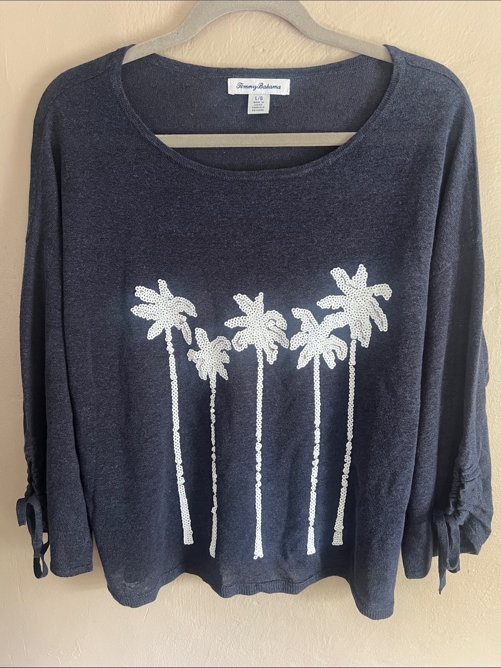 Tommy Bahama Navy Top with White Sequin Palm Trees